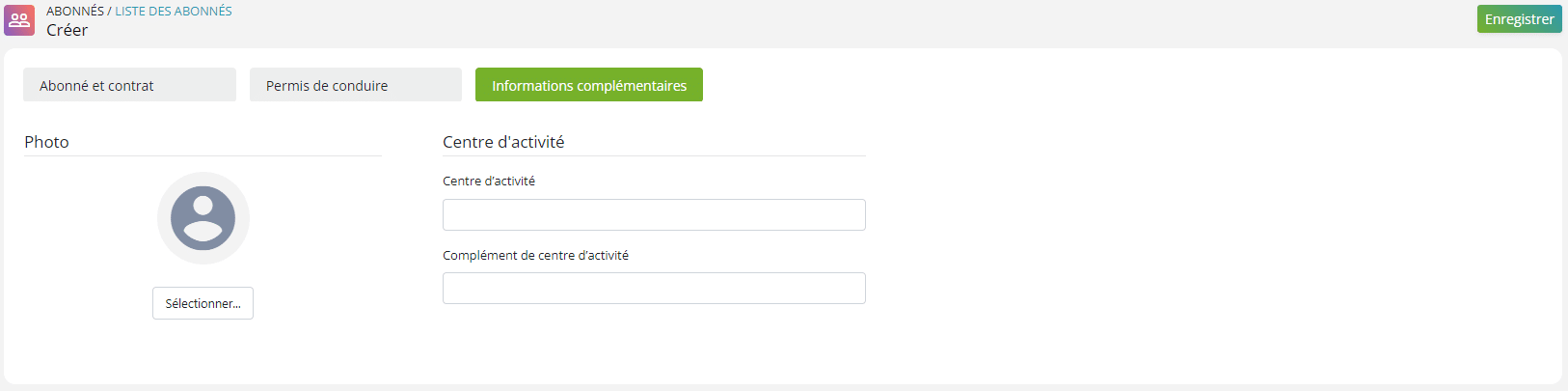Création abonné info complémentaires