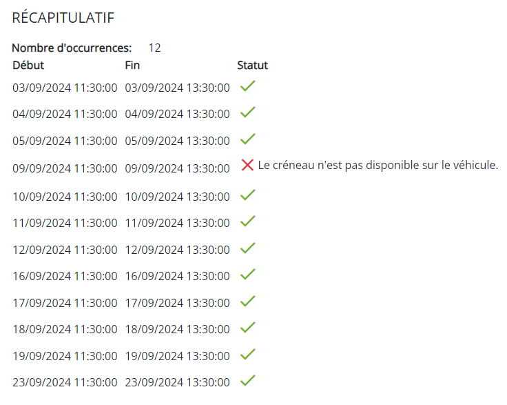 Récapitulatif récurrences Confirmation de création d'une récurrence