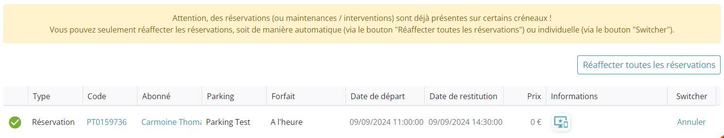 Switch de réservation Confirmation de création d'une récurrence