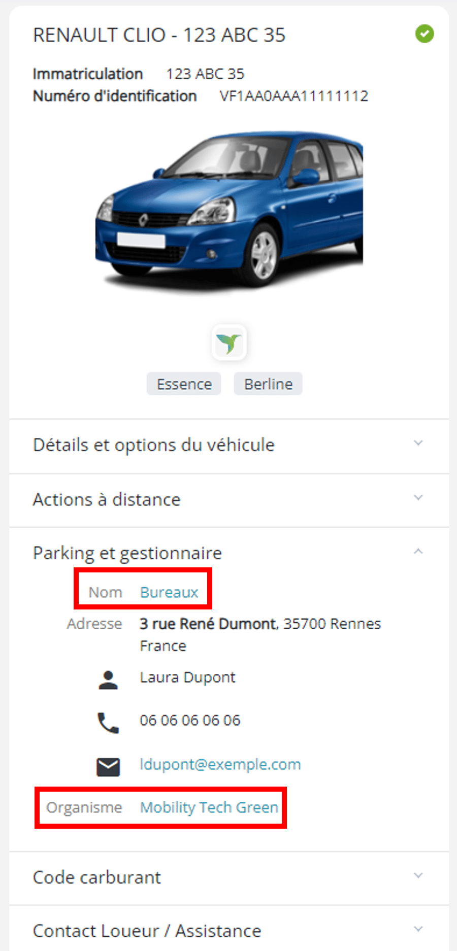 Fiche véhicule - parking