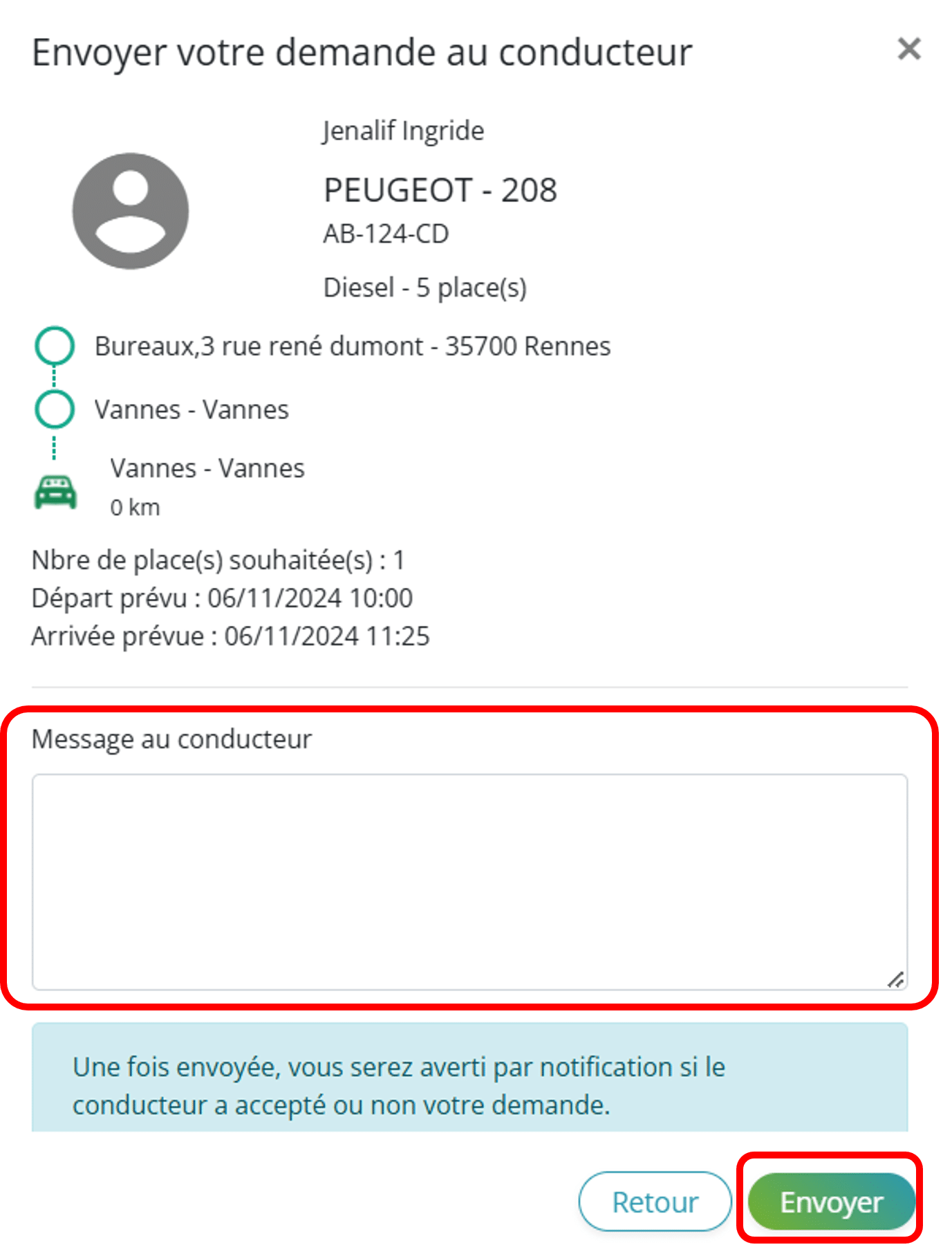 modale confirmation Champs recherche véhicules