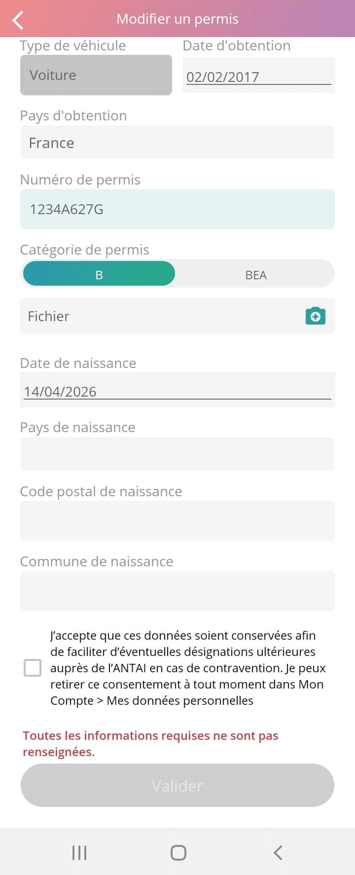 Modifiaction permis app